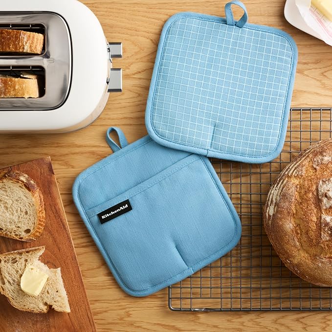 KITCHENAID Gourmet Series Gridlines Pot Holders 2-Pack Set, Heat Resistant up to 600°F, Soft Silicone Grip, Magnetic Cuff, Blue Velvet, 8"x8"