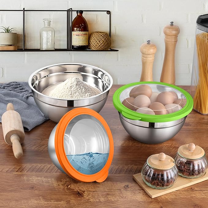 LIANYU Mixing Bowls with Lid Set of 3, Large & Small Stainless Steel Metal Salad Mixing Bowls, 1.5 & 3 & 4.6QT Sizes For Kitchen Cooking, Baking, Storage, Food Prepping, Serving, Three-Color