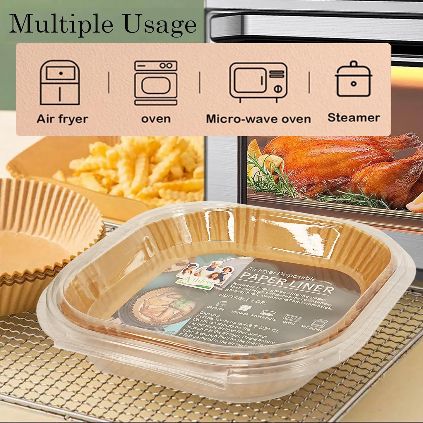 Air Fryer Disposable Paper Liner, Natural Baking Parchment Paper Air fryer liners,Thickened Oil-Proof High Temperature,for Air Fryers,Ovens,Pan and Microwaves (9inch-XL-Thick, square-Brown)
