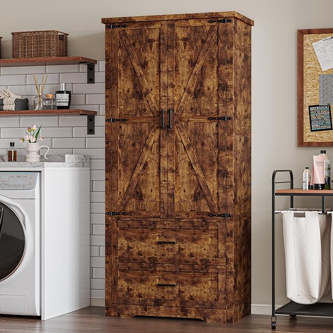 Pantry Organizers and Storage Cabinet, 71” Barn Door White Kitchen Cabinet with Drawers and Adjustable Shelf, Tall Pantry for Kitchen, Dining Room, Living Room. Bathroom and Office