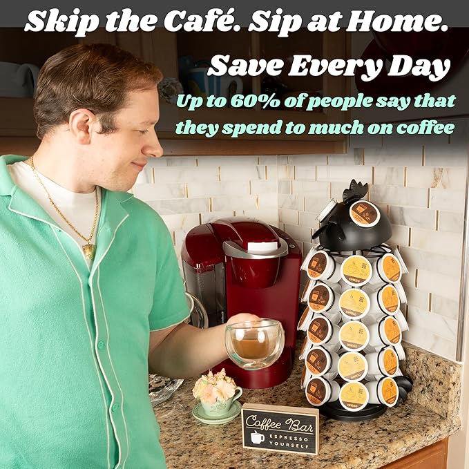 Made Easy Kit Carousel Coffee Pod Holder - Compatible with Keurig K-Pods K-Cups - Countertop 360 Spin Rack Storage Organizer - Revolving Base - Capsule Café Station Bar (Rooster Black, Large)