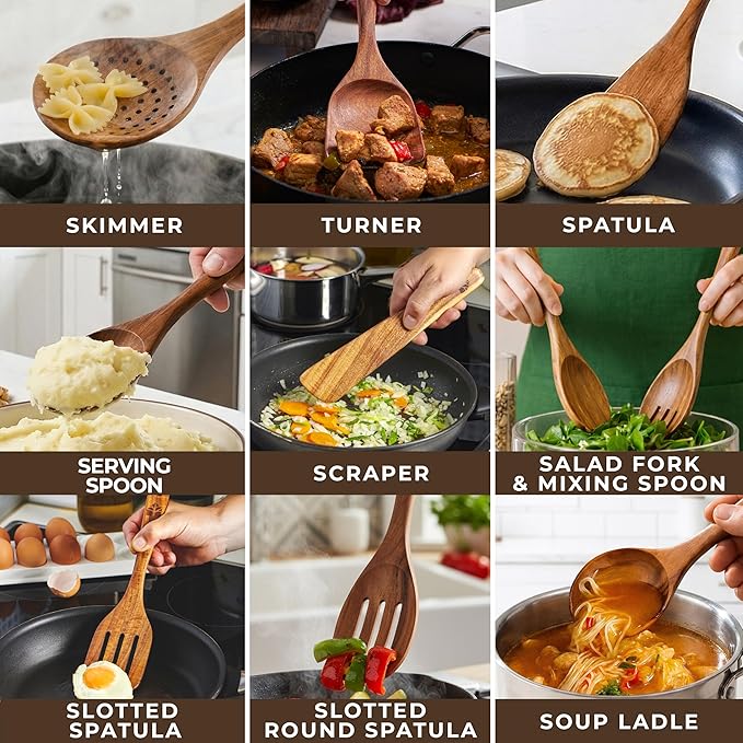 Wooden Spoons for Cooking – 10 Pcs Premium Teak Wooden Utensil Set with Hooks - Durable, Nonstick Safe, Easy to Clean & Heat Resistant with Ergonomic Handles