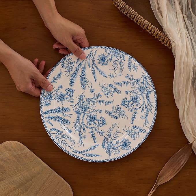 Bico Blue Garden Toile De Jouy Dinner Plates Set of 4, 11 Inch Large Ceramic Plates for Pasta, Steak, Stylish Serving Dishes, Microwave and Dishwasher Safe, Gift for Housewarming and Thanksgiving