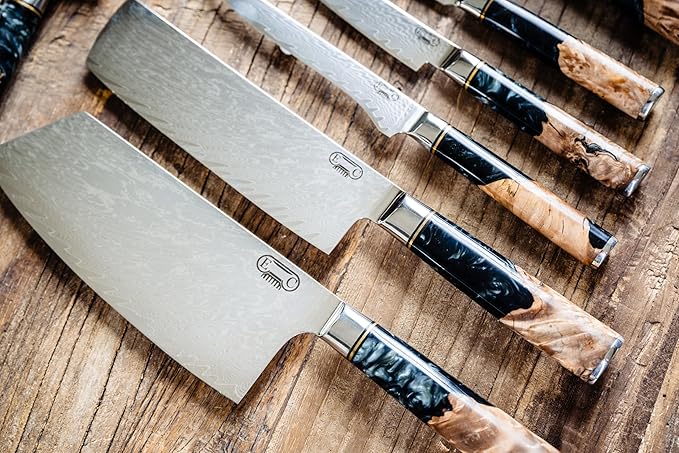 Epicurean Cook Tidal Collection 8 PCS Damascus Knife Set Japanese Kitchen Knives with VG10 Steel Core Ultra-Sharp Professional Chef Knife Set with Elegant Box and Black Resin and Burl Wood Handles