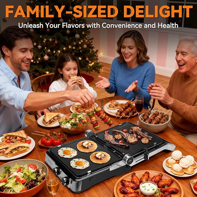 Baker's Friend 4-slice Panini Press Grill Cheese Sandwich Maker, Electric Grill Indoor with Temperature Setting, Opens 180 Degrees, Dual Non-stick Surfaces, 4-circle Silicone Mold, Reversible Plates