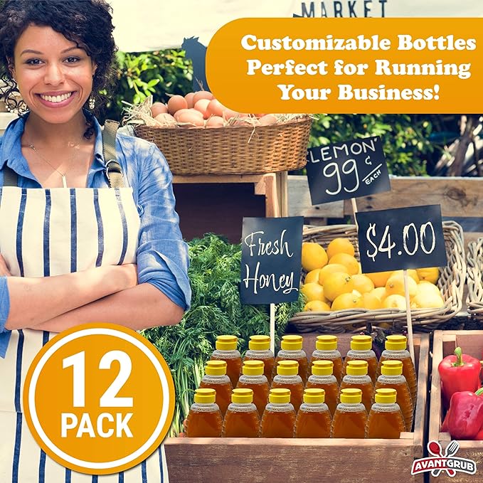 Easy Squeeze 12 Pk 12 Oz Empty Honey Bottles. BPA-Free Food-Safe PET Plastic Honey Dispenser. Flip-Top Refillable Syrup Container. Great for Storing and Serving BBQ Pasta Sauces or Salad Dressings.