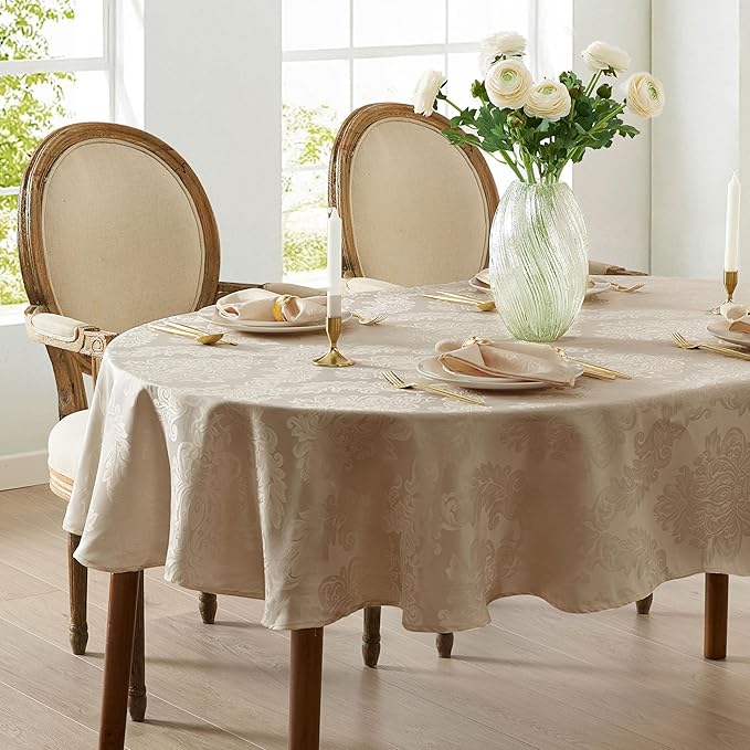 Newbridge Barcelona Luxury Damask Fabric Tablecloth, 60” Wide x 84” Oval, Golden Beige, 100% Polyester, No Iron, Soil Resistant Dining Room, Party and Banquet Table Cover