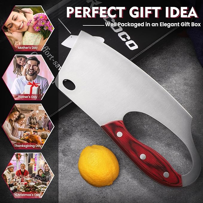 ROCOCO Meat Cleaver Knife Unique Effort Saving Professional Stainless Steel Kitchen Chef Cooking Knives for Cutting Meat Vegetable Thanksgiving Christmas Gift Red Full Tang 7.48"