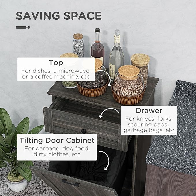 HRVEOCEI Single Tilt Out Trash Can Cabinet for 10 Gallon, Trash Can Holder Cabinet with Drawer, Farmhouse Garbage Cabinets for Kitchen Living Room, Easy to Clean (Light Gray)