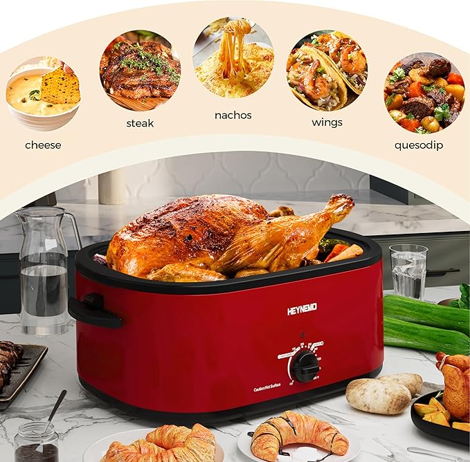 24 Quart Electric Roaster Oven with Visible & Self-Basting Lid, Large Turkey Roaster with Defrost Warm Function, Adjustable Temperature, Removable Pan Rack, Stainless Steel