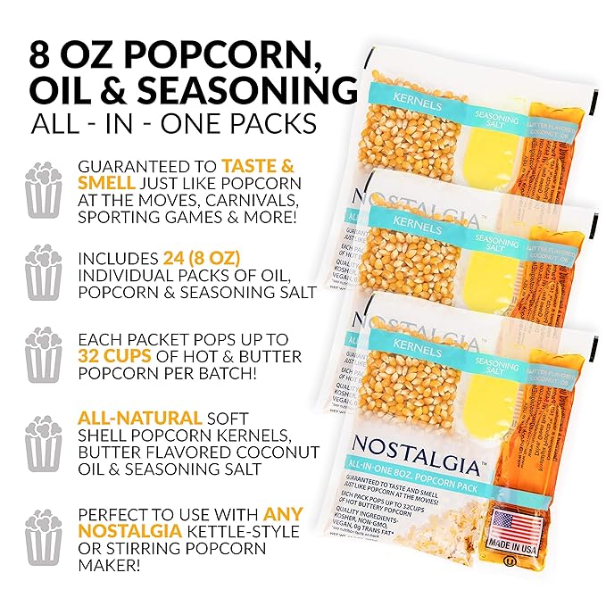 Nostalgia Best Tasting Premium 8-Ounce Popcorn, Oil & Seasoning Salt All-In-One Packs - 24 Count (Pack of 2)