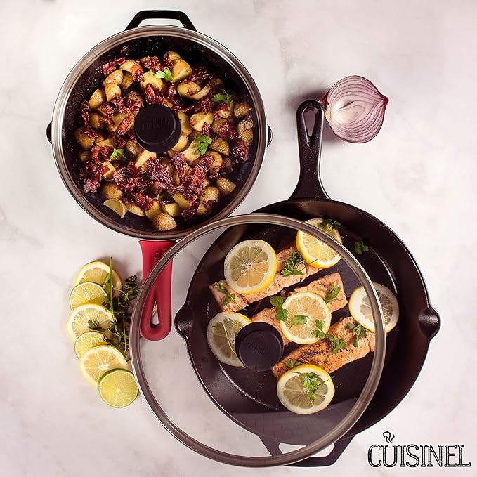 Cast Iron Skillet Set - 10" + 12"-Inch Pre-Seasoned Frying Pans + Glass Lids + Silicone Handle Cover Grips - Indoor/Outdoor Use - Grill, Oven, Stovetop, Induction, BBQ, Firepit Safe Kitchen Cookware