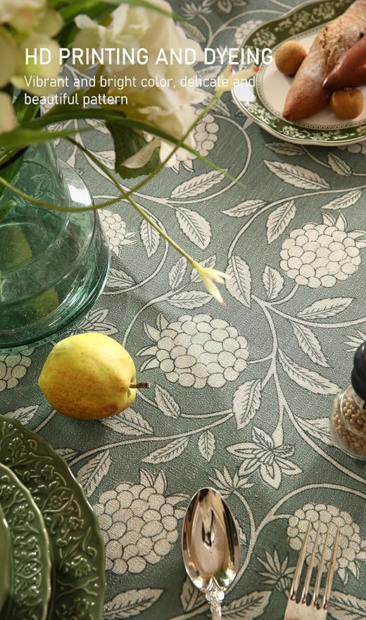 ISAENNE Designer Grayish Green Linen Long Rectangle Tablecloth,Floral Stain Resistant Table Cloth,Fall Vintage Decor Tablecloths for Dining Thanksgiving Kitchen Party,63"*94"-Andrew A