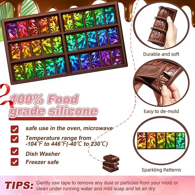 Ziliny Diamond Holographic Chocolate Bar Mold Silicone, Rainbow Light Effect Chocolate Bar Deep Thick Molds for DIY Candy Dessert Baking, Candy, Wax Melts, Cake Decoration (Rectangle)