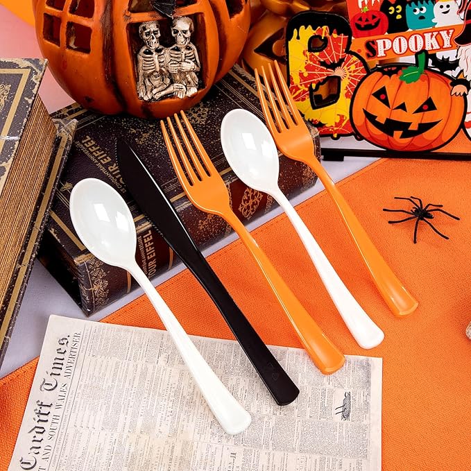 NOCCUR 180PCS Halloween Plastic Silverware Set - Tricolor Flatware Disposable Supplies Include 60 Black Knives, 60 Orange Forks, 60 White Spoons - Ideal for Thanksgiving Party