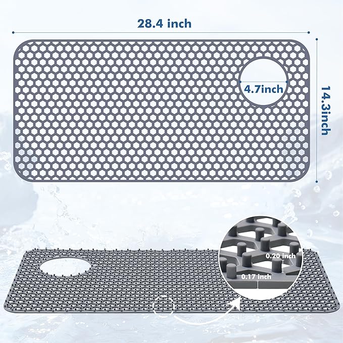 Bestjing Silicone Sink Protectors for Kitchen Sink - 28.4"x 14.3" Kitchen Protector Accessory, Non-Slip Heat Resistant Mat for Bottom of Farmhouse Porcelain Stainless Steel (Top Right Drain Hole,Gray)