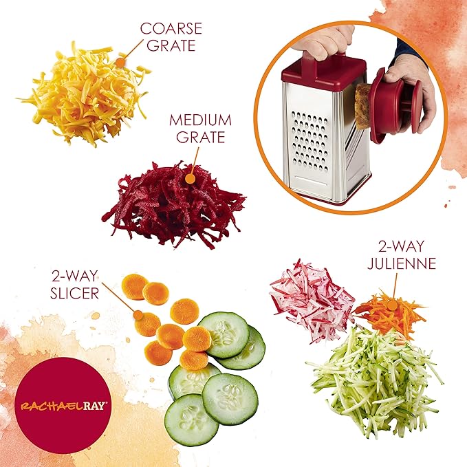 Rachael Ray Tools and Gadgets Stainless Steel Box Grater for Vegetables, Chocolate, Hard Cheeses, and more, Red(9.43 x 8.84 x 8.06 inches)