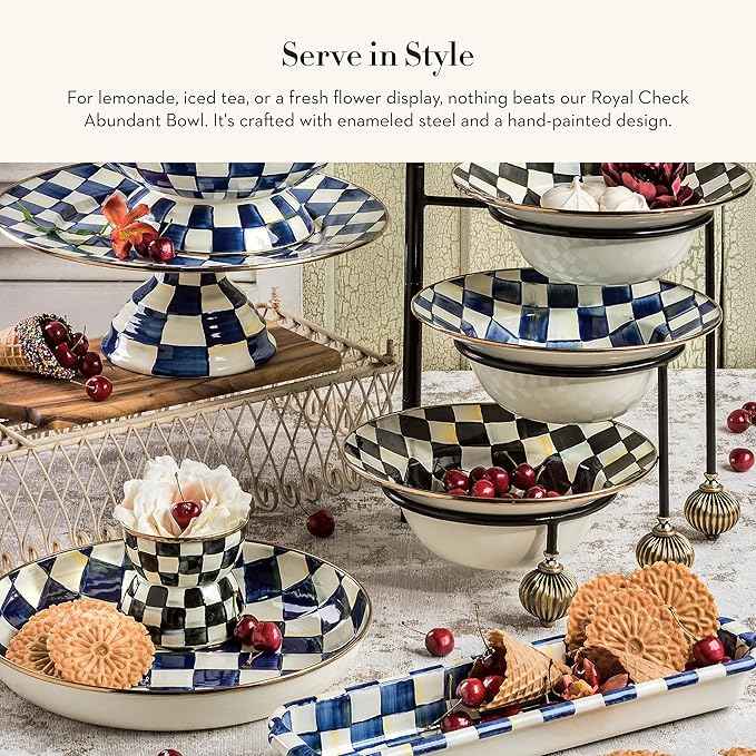 MACKENZIE-CHILDS Enamel Abundant Bowl, Decorative or Serving Bowl, 13-Cup Capacity, Blue-and-White Royal Check