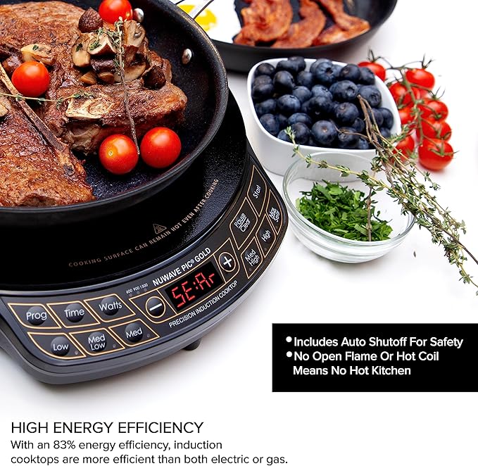 Nuwave Precision Induction Cooktop Gold, 12” Shatter-Proof Ceramic Glass Surface, Large 8” Heating Coil, Portable, 51Temp Settings 100°F to 575°F, 3 Wattage Settings 600, 900, and 1500 Watts