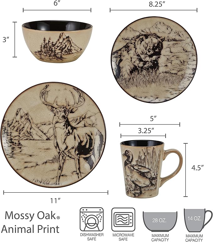 Mossy Oak Animal Print 16 Piece Dinnerware Set, Service for 4, Black and Beige