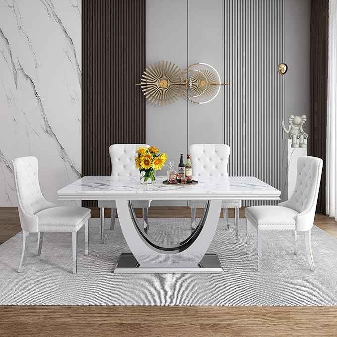 Marble Dining Table Set for 6,70" White Faux Marble Kitchen Tables and Velvet Chairs for 6,7 Piece Luxury Dining Room Table Set and 6 Upholstered Chairs with Silver Stainless Steel Bases