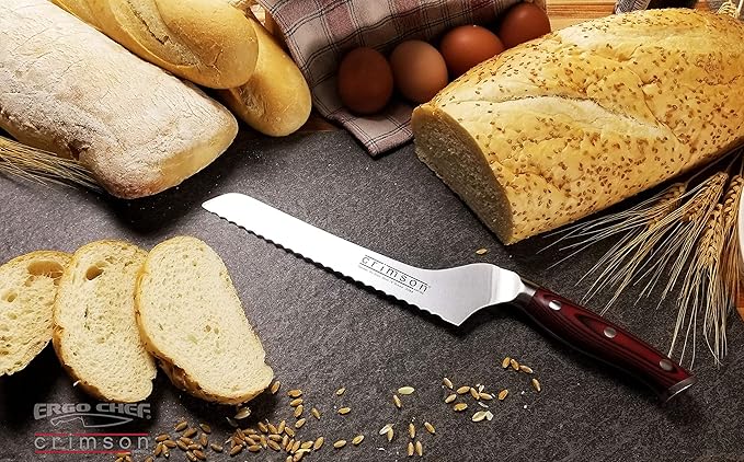 Ergo Chef Crimson Series 8-Inch Serrated Offset Bread & Deli Knife - High-Carbon German X50CrMoV15 Stainless Steel Blade - Durable G10 Fiberglass Handle