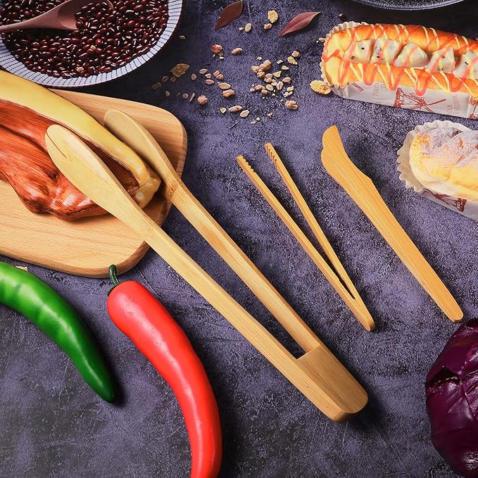 Zopeal 3 Pcs Christmas Kitchen Gift Set Bamboo Utensils for Cooking Wooden Toaster Tongs Long Cooking Salad Tongs for Picking up Cheese Bacon Toast Cake Fruits Bread Spaghetti for Kitchen Women Men
