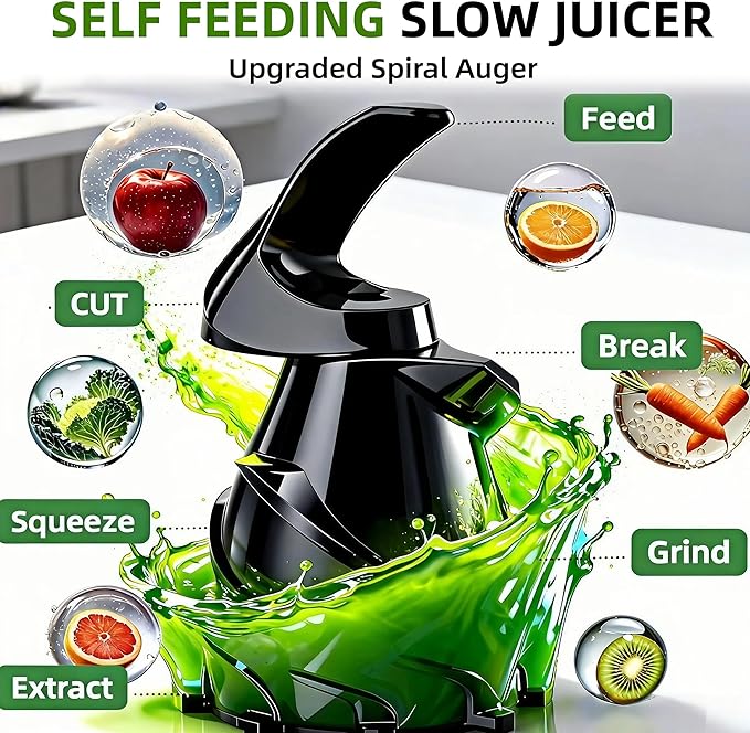 Cold Press Juicer Machines, Slow Masticating Juicer with Large Chute, Self-Feeding Juice Extractor for Whole Fruits & Vegetables, 98% Juice Yield, Quiet & Easy to Clean, Black