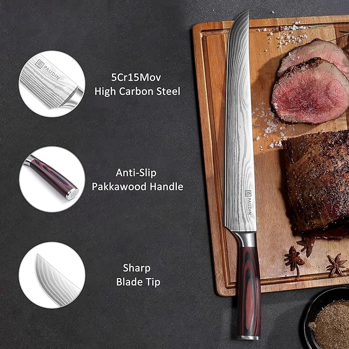 PAUDIN Carving Knife, 12 Inch Brisket Knife, Razor Sharp Edge Slicing Knife for Brisket Meat, Forged German High Carbon Stainless Steel, Ergonomic Handle Design