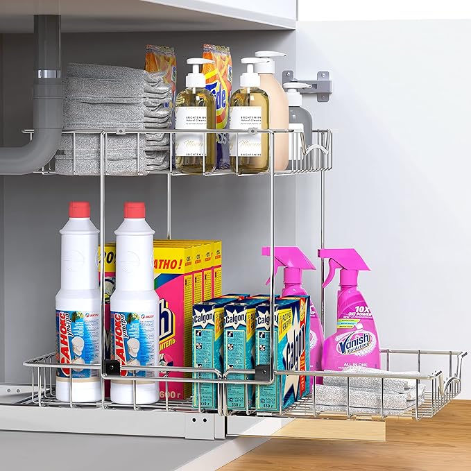 SIMPLE HOUSEWARE 2-Tier (L+L) Organizer Pull Out Under Cabinet Sliding Shelf, Chrome