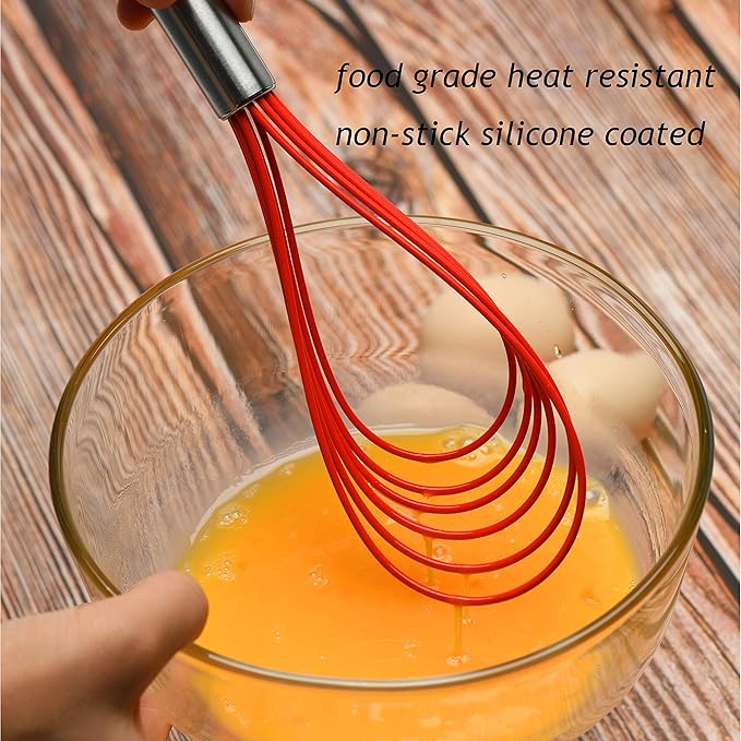 Flat Whisk Set,Stainless Steel 3 Pack 10''+11''+12'' Premium Sturdy-6 Silicone Heads Non Stick Wires Whisk for Blending Beating Stirring Kitchen Cooking Color Red by Jell-Cell