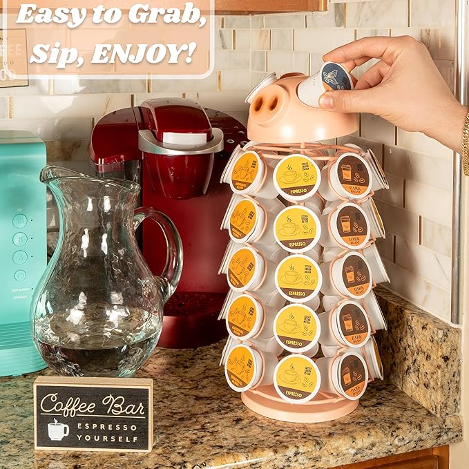 Made Easy Kit Carousel Coffee Pod Holder - Compatible with Keurig K-Pods K-Cups - Countertop 360 Spin Rack Storage Organizer - Revolving Base - Capsule Café Station Bar (Pig Pink, Small)