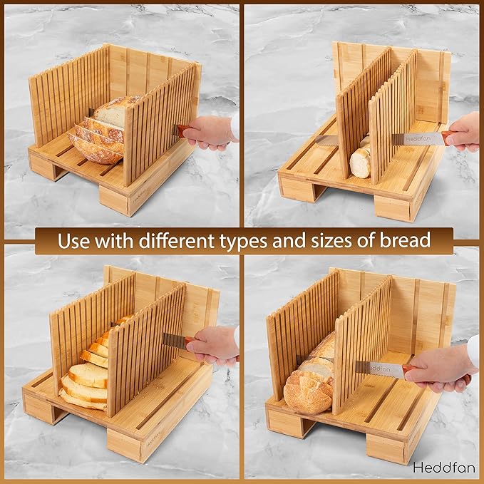 Bamboo Bread Slicer For Homemade Bread - Built-In Knife Slot, Crumb Catcher & Storage Compartment - Adjustable Extra Wide & High For Sourdough - Long 12” Knife Blade Included