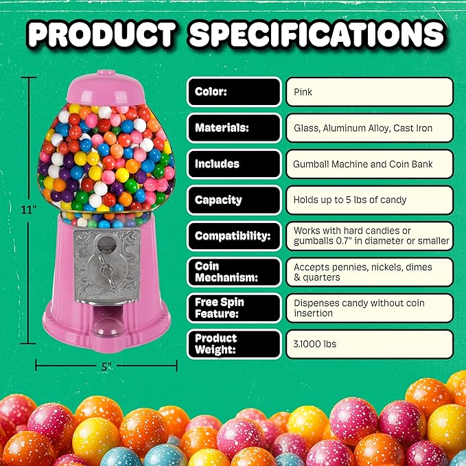 11-Inch Mini Gumball Machine - Vintage Candy Dispenser with Glass Globe, Metal Base, and Free Spin Coin Mechanism by Great Northern Popcorn (Pink)
