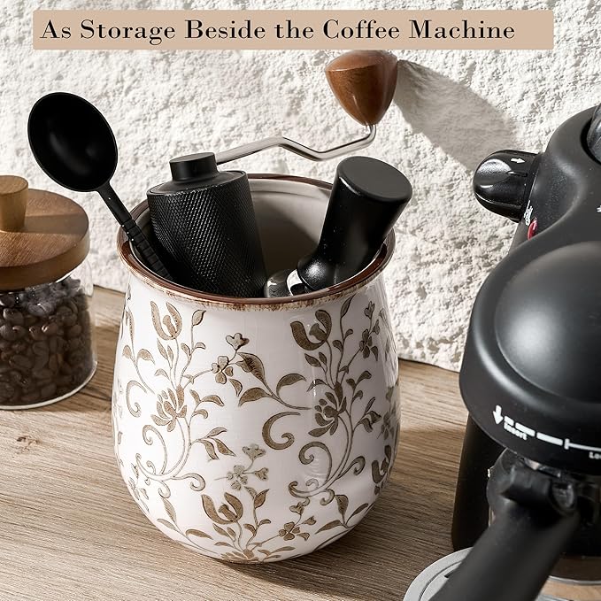 Utensil Holder for Kitchen Counter, Modern Farmhouse Cooking Utensil Holder and Crock Home Kitchen Decor, Ceramic Utensil Organizer for Spatula, Ladle, Eggbeater, Rolling Pin- Brown Flower Patterns