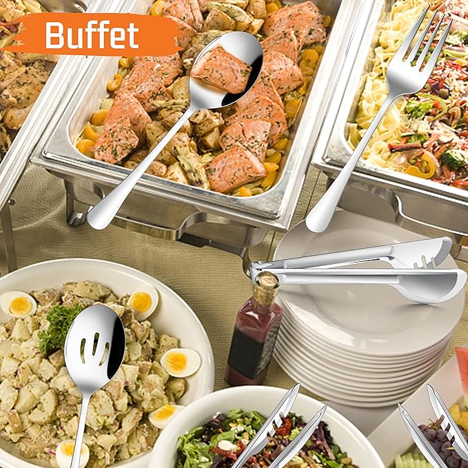 E-far Large Serving Utensils Set of 8, Stainless Steel 9.8 Inch Serving Spoons Slotted Spoon, 9.9 Inch Serving Fork, 9.4 Inch Serving Tong for Buffet Catering Banquet, Mirror Finish & Dishwasher Safe