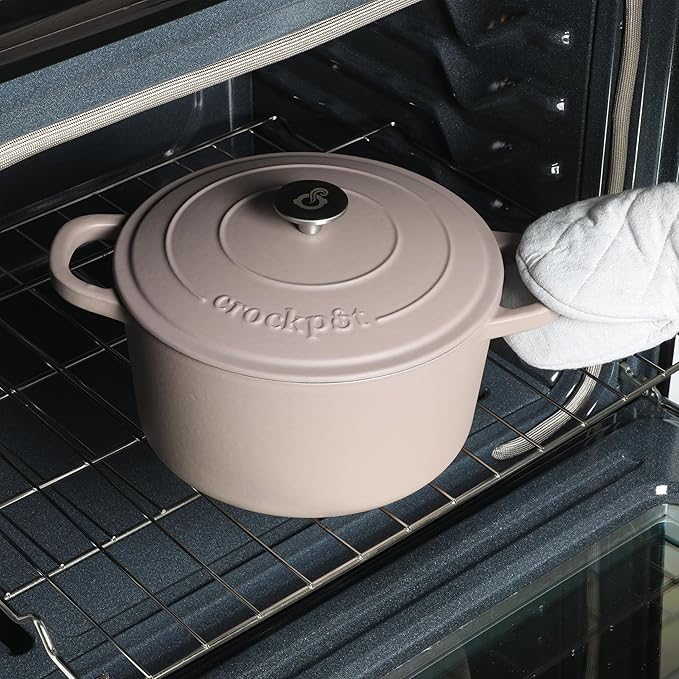 Crock-Pot Artisan 5-Quart Round Cast Iron Dutch Oven with Lid – Matte Dusty Pink, Durable Oven Safe Cookware