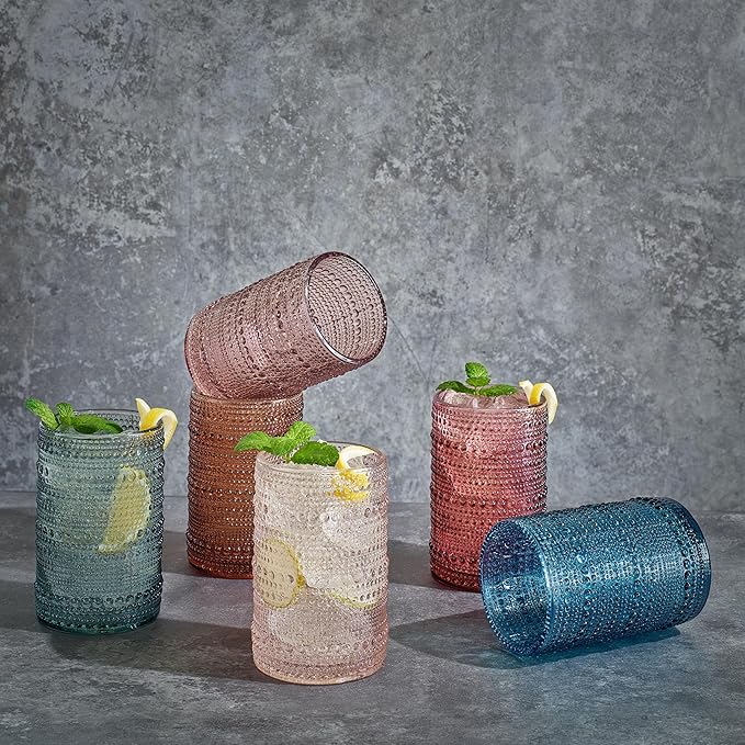 Khen Beaded Highball Drinking Tumbler Set | Set of 6 | Holiday Decor Vintage Hobnail 12 OZ Muted Bubble Design Whiskey Glassware, Old-Fashioned, Embossed Design Glass for Water Wine, Cocktail