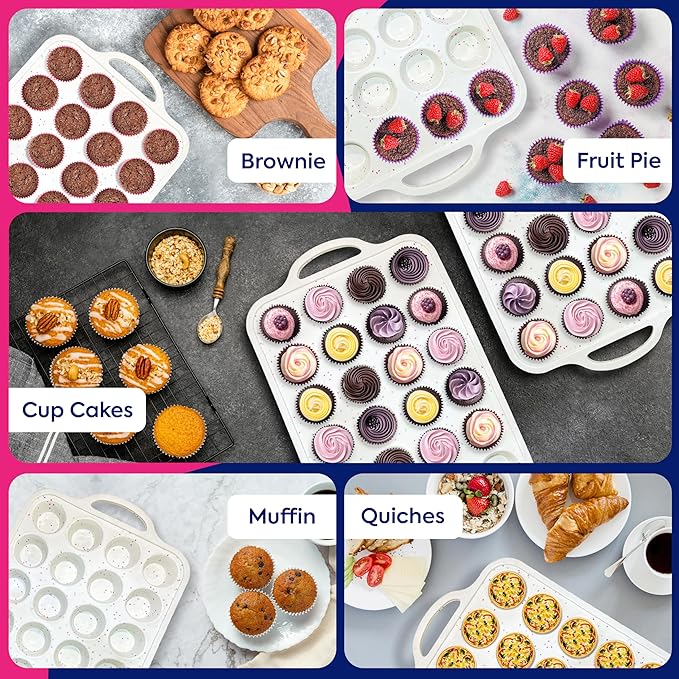 RICCLE 2 Pack Silicone Mini Muffin Pan with Metal Reinforced Frame, 24-Cup Mini Cupcake Pans, Mini Muffin Silicone Molds, Silicone Muffin Pans for Baking - Oven & Dishwasher Safe, BPA-Free