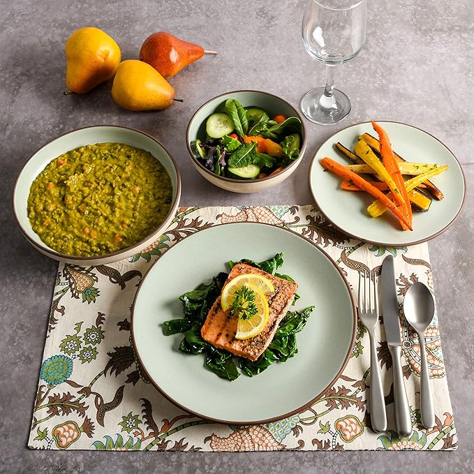 Gibson Elite Contempo Classic 16-Piece Double Bowl Dinnerware Set, Service for 4 – Mint Stoneware Plates and Bowls
