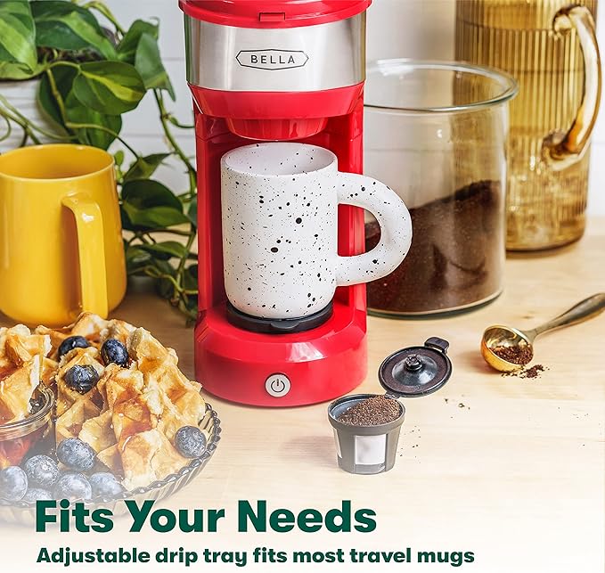 BELLA Dual Brew Single Serve Coffee Maker, Brews both Kcup and Ground Coffee, Large 14oz Capacity, Easy One Touch, Auto Shutoff, Red