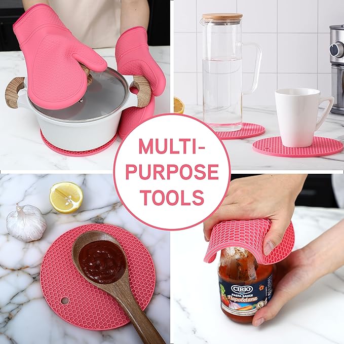 COOK WITH COLOR Silicone Oven Mitts- Heat Resistant Gloves with Soft Quilted Lining Oven Mitt Pot Holders for Cooking and BBQ, Pink, Mitt Set