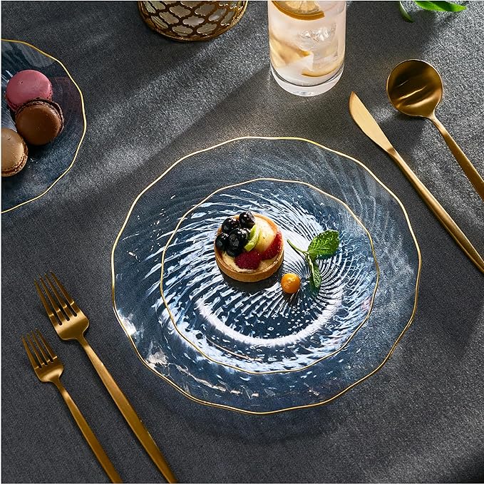 PLASTICPRO 30 Pack Plastic Plates Set of 15-10 inch Plates and 15-7 inch Plates, Elegant Clear Blue Spiral and Gold Rim Disposable Fancy Plates Premium Heavyweight