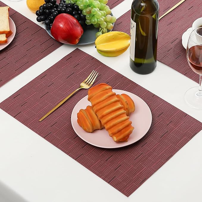 Leetaltree Burgundy Placemats Set of 8 - Heat Resistant Non-Slip Place mats for Dining Table, Washable Durable PVC Vinyl Woven Table Mats（Burgundy, 8）