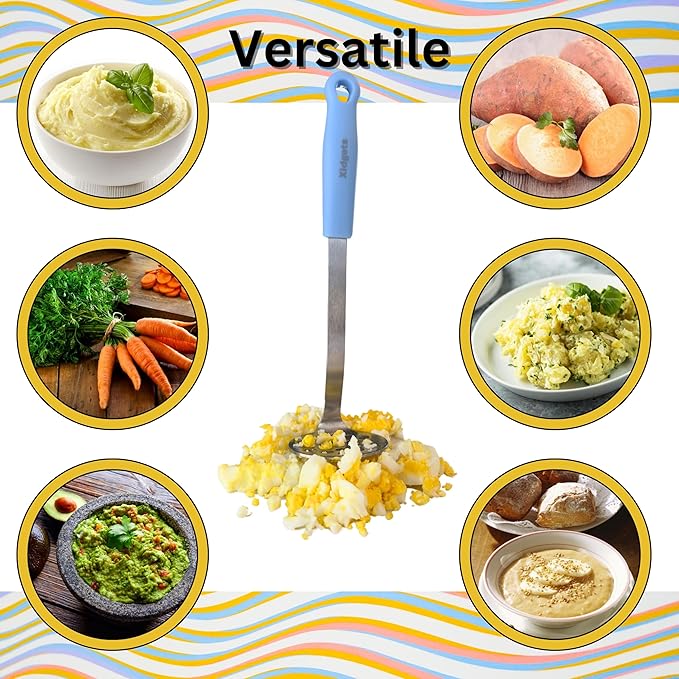 Medium Small Potato masher Egg & Avocado Masher. Sturdy design, comfortable grip, Dishwasher Safe. Stainless steel, lightweight kitchen essential. (Sky Blue)