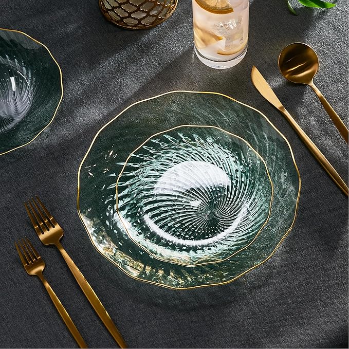 PLASTICPRO 60 Pack Plastic Plates Set of 30-10 inch Plates and 30-7 inch Plate, Elegant Clear Green Spiral and Gold Rim Disposable Fancy Plate Premium Heavyweight