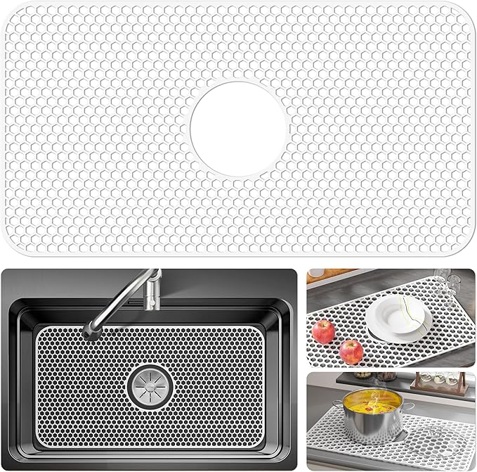 Bestjing Silicone Sink Protectors for Kitchen Sink - 26"x 14" Kitchen Protector Accessory, Non-Slip Heat Resistan Mat for Bottom of Farmhouse Stainless Steel Porcelain (Center Drain Hole,White)