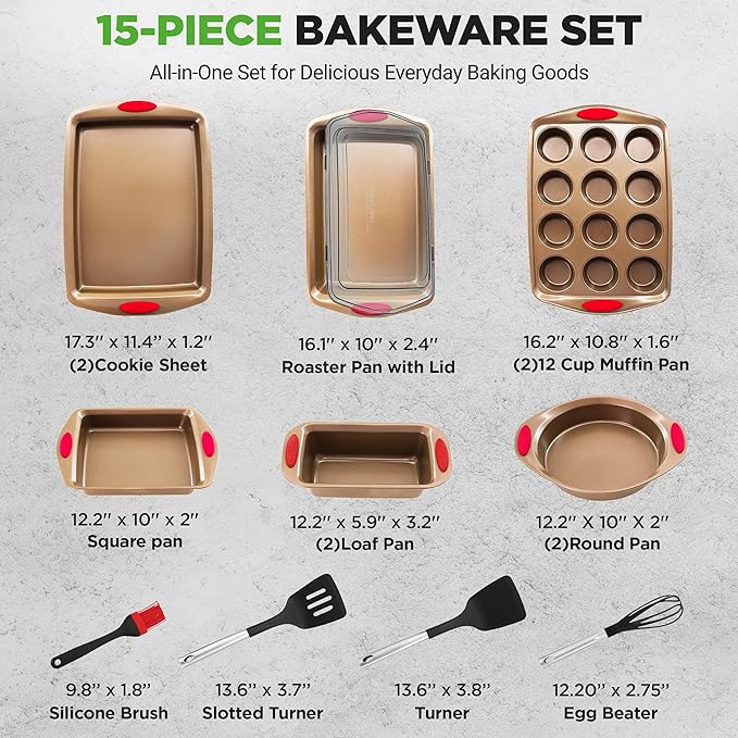 NutriChef 15-Piece Nonstick Bakeware Set w/ Baking Utensils – Premium Oven Safe Baking Pans with Silicone Handles, Easy Clean, Dishwasher Safe Tray Set for Cakes, Muffins, Bread, Cookies & Roasting