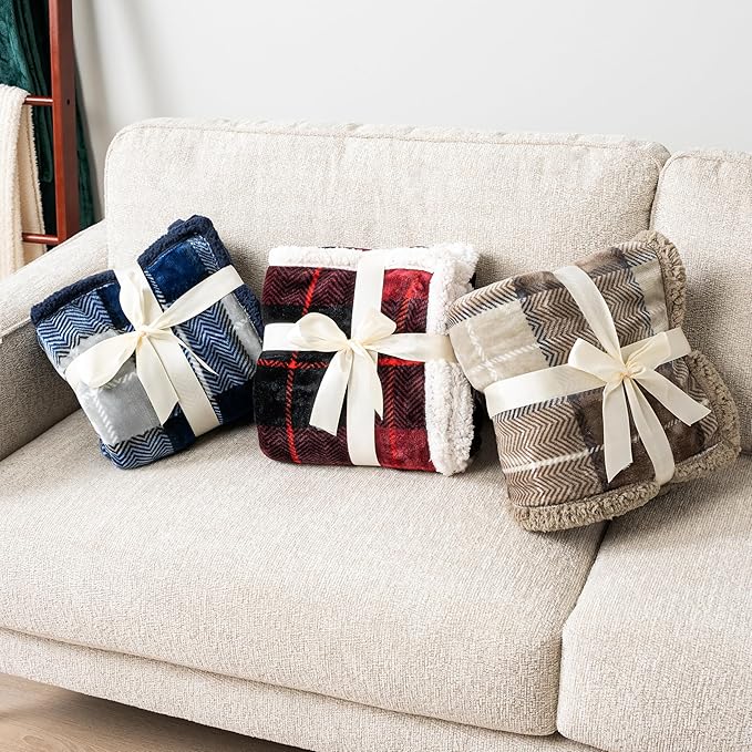 Pavilia Red Plaid Sherpa Throw for Twin, Plush Flannel Fleece Blanket and Throws, Soft Fuzzy Cabin Blanket for Sofa Bed, Warm Cozy Winter Gift, 60x80