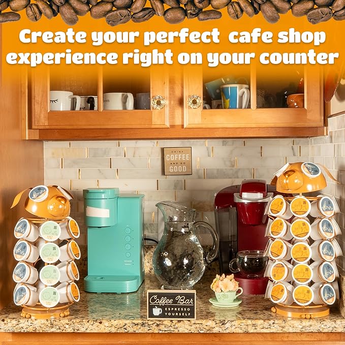 Made Easy Kit Carousel Coffee Pod Holder - Compatible with Keurig K-Pods K-Cups - Countertop 360 Spin Rack Storage Organizer - Revolving Base - Capsule Café Station Bar (Dog Brown, Large)